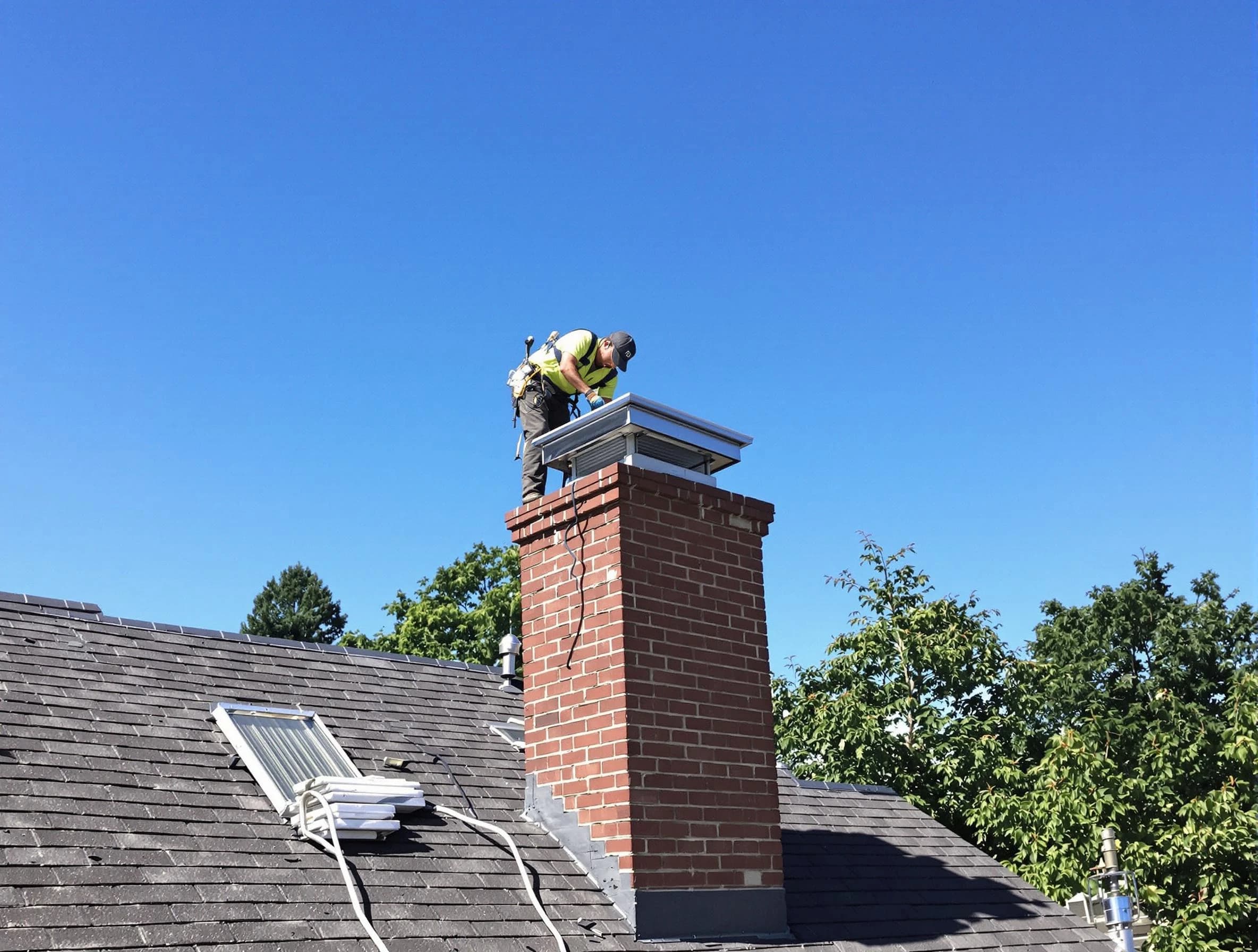 Mechanicsville Chimney Sweep technician measuring a chimney cap in Mechanicsville, VA